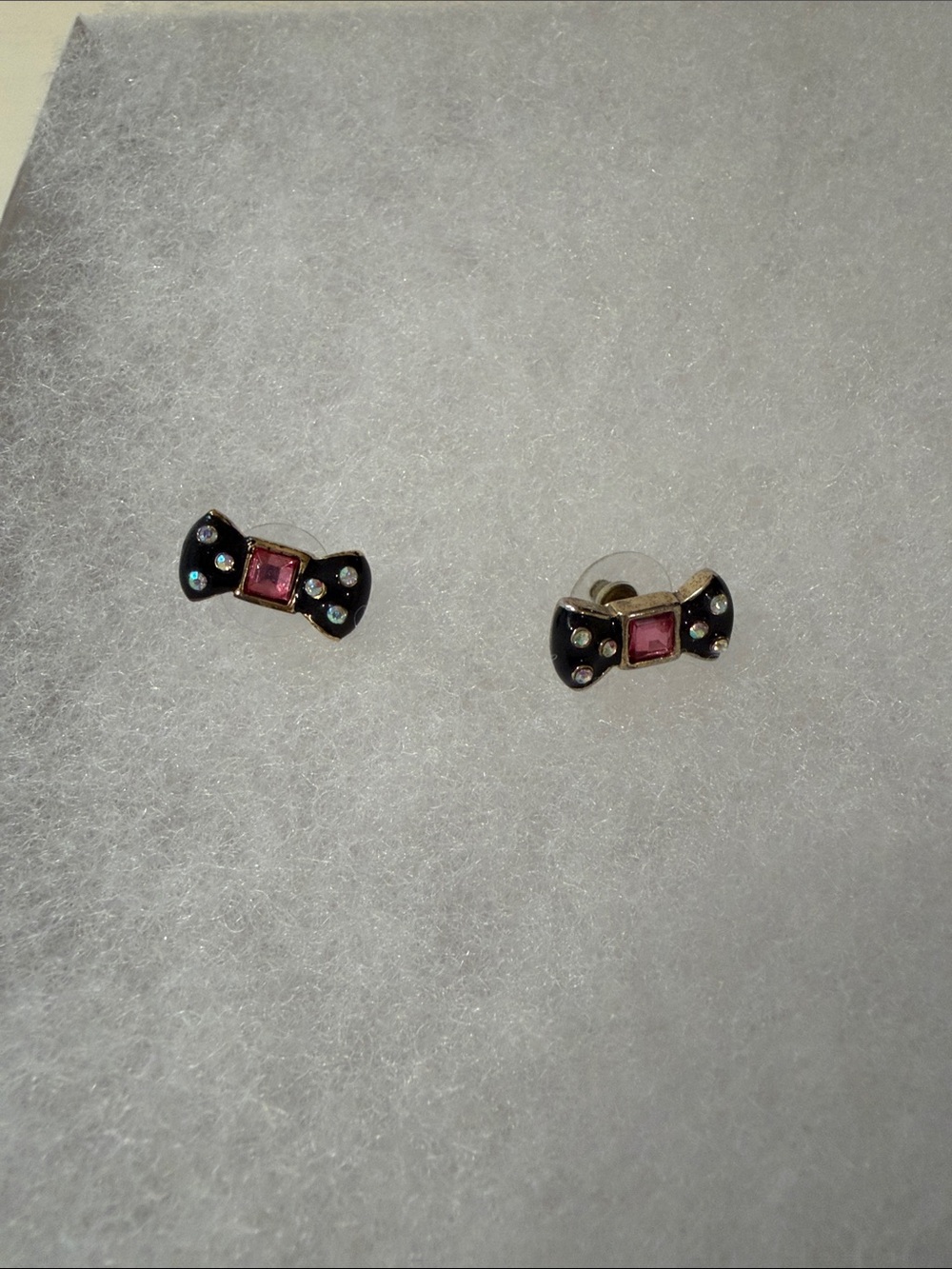 Betsey Johnson Black and Pink Polka Dot Bow Stud Earrings